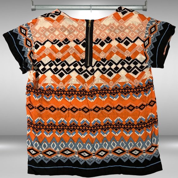 Anthropologie Sam & Lavi Short Sleeve Orange Chevron, Navy Diamond Pattern Shirt - Picture 2 of 3